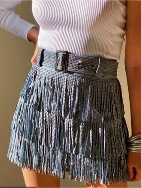 Pants Store Silver Sparkle Fringe Mini Skirt with Studded Belt Sorority